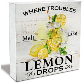 Where Troubles Melt Like Lemon Drops Wood Box Sign Rustic Wooden Box Sign Summer Farmhouse Home Kitchen Desk Shelf Decor (5 X 5 Inch)
