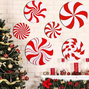 Thyle 6 Pcs Christmas Candy Wood Sign Decoration for Wall Peppermint Christmas Candy Wooden Sign Decor Red and White Christmas Wall Hanging Decorations for Xmas Bedroom Living Room