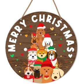 Merry Christmas Dog Sign Decor, Christmas Sign for Front Door Porch Home Xmas Holiday Hanging Sign Decorations Farmhouse Paw Tree Dog Owner Christmas Wooden Wall Sign