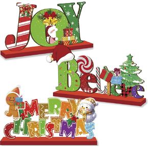 3Pcs Christmas Table Decorations, Wooden Christmas Decor, Merry Christmas Tabletop Wooden Sign and Blieve Sign Joy Wood Sign, Christmas Centerpiece Table Decorations for Christmas Party Decor