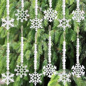12pcs Christmas Tree Hanging Wooden Snowflakes Decorations 3D Christmas Tree Decor White Wood Snowflake Ornaments with Jute String Hanger for Home Ceiling Chandelier Party Indoor Outdoor (White)