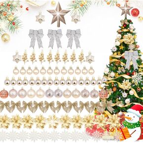 Christmas Tree Decoration Set, 88 Pcs Pink Christmas Ornaments Set with Pink White Christmas Ornaments Balls,Christmas Glitter Poinsettia Flowers,Glitter Berries Stems, Snowflakes, Bow for Christmas