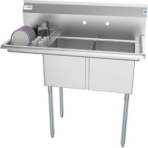 KoolMore 2 Compartment Stainless Steel NSF Commercial Kitchen Prep & Utility Sink with Drainboard - Bowl Size 14" x 16" x 11"