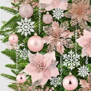 92pcs Christmas Tree Decoration Set, Christmas Ball Ornaments Bulk, Artificial Glitter Poinsettia Flowers, Hanging Crystal Snowflake Drop, Xmas Flowers for Holiday Wedding New Year Party Decor (Blue)