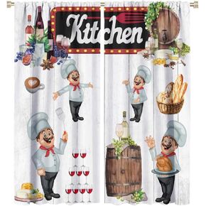 Chef Kitchen Curtains Rustic Wooden Plank Fun Country Farm Cute Western Red Wine Fruit Rod Pocket Rural Country for Home Kitchen Restaurant Decoration Window Curtain 2 Panels 42x45 Inch