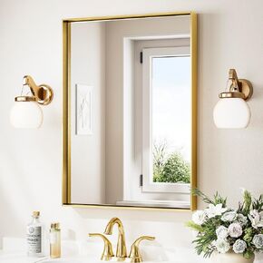 Keonjinn Brushed Brass Bathroom Mirror 22 x 30 Inch Rectangle Mirror for Wall Brushed Gold Metal Frame Modern Farmhouse Mirror Square Corner Framed Bathroom Mirror for Over Sink(Horizontal/Vertical)