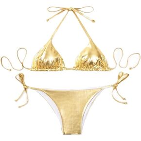 Women's Metallic Bikini Halter Top Two Piece Swimsuit Tie Side Triangle Bikini With Padded