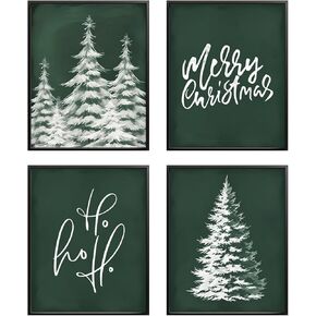 Wheatwin Vintage Christmas Green Wall Art Prints Set of 4, Merry Christmas Sign Decor, Christmas Tree Wall Art Poster Decorations for Living Room Bedroom, 8x10 (Unframed)