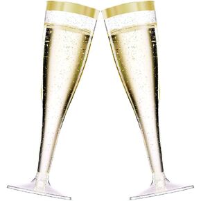 BloominGoods 50 Plastic Gold Glitter Champagne Flutes | 7 oz. Clear Hard Disposable Party & Wedding Glass | Premium Heavy Duty Fancy Cup (50-Pack)