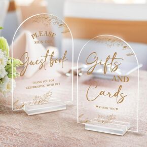 Pigort 2pcs Wedding Signs for Ceremony and Reception,Modern Wedding Signage, Guest Book Sign, Cards and Gifts Sign for Wedding, Wedding Reception Signs Acrylic 5x7 Inch (Brown 2)