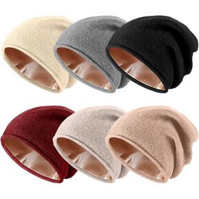 Hicarer 6 Pieces Satin Lined Winter Beanies Women Silk Lined Hat Bulk Knitted Slouchy Beanies Warm Cuffed Skull Cap for Women Men