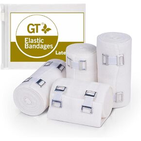Premium Elastic Bandage Wraps (4" 2pack & 3" 2Pack) - Made of USA Grown Soft Woven Cotton - Metal Clip Fasteners - GT Latex Free Roll for Sprains & Injuries
