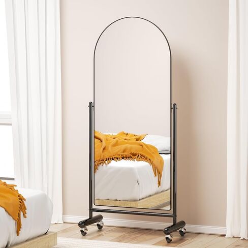 Full Length Mirror on Rolling Wheels, 65"x23" Arched Mobile Standing Mirror Floor Mirror, Adjustable Large Tilting Swivel Mirror with Stainless Steel Stand, Modern Dressing Mirror Body Mirror in Saudi Arabia