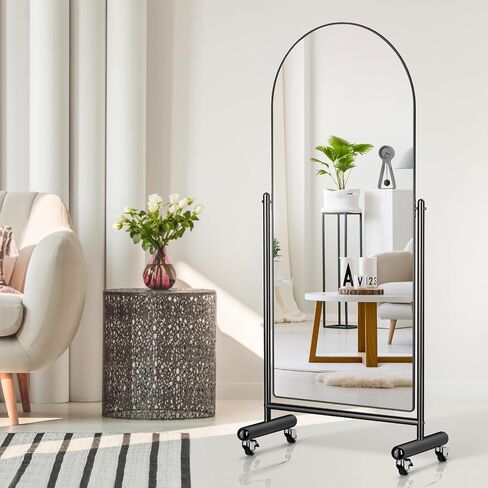 Full Length Mirror on Rolling Wheels, 65"x23" Arched Mobile Standing Mirror Floor Mirror, Adjustable Large Tilting Swivel Mirror with Stainless Steel Stand, Modern Dressing Mirror Body Mirror in Saudi Arabia