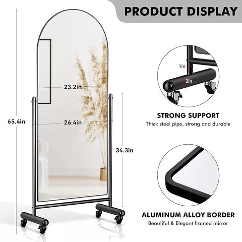 Full Length Mirror on Rolling Wheels, 65"x23" Arched Mobile Standing Mirror Floor Mirror, Adjustable Large Tilting Swivel Mirror with Stainless Steel Stand, Modern Dressing Mirror Body Mirror in Saudi Arabia