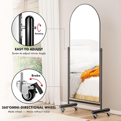 Full Length Mirror on Rolling Wheels, 65"x23" Arched Mobile Standing Mirror Floor Mirror, Adjustable Large Tilting Swivel Mirror with Stainless Steel Stand, Modern Dressing Mirror Body Mirror in Saudi Arabia