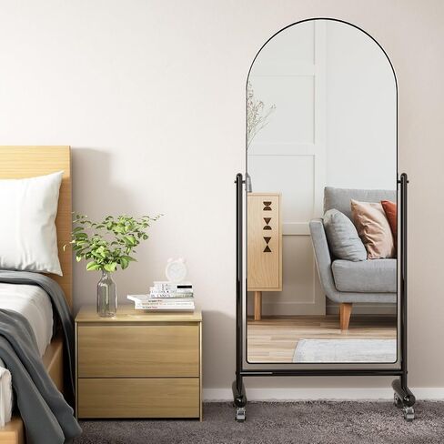 Full Length Mirror on Rolling Wheels, 65"x23" Arched Mobile Standing Mirror Floor Mirror, Adjustable Large Tilting Swivel Mirror with Stainless Steel Stand, Modern Dressing Mirror Body Mirror in Saudi Arabia