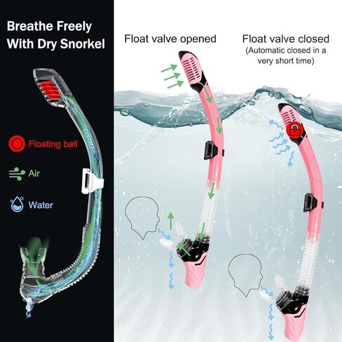 Dry Snorkel Set, Panoramic 180°Wide View Snorkeling Gear, Anti-Fog Anti-Leak Tempered Glass Safety Scuba Diving Mask, Free Breathing and Adjustable Strap Dry Top Snorkel Set for Adult in Kuwait