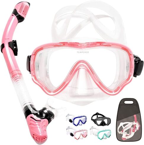 Dry Snorkel Set, Panoramic 180°Wide View Snorkeling Gear, Anti-Fog Anti-Leak Tempered Glass Safety Scuba Diving Mask, Free Breathing and Adjustable Strap Dry Top Snorkel Set for Adult in Kuwait