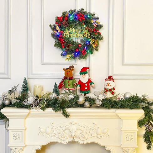 18 Inch Front Door Christmas Wreaths, Pre-Lit Christmas Wreath with 40 Colorful Lights, Artificial Xmas Wreath with Pine Cones, Ball, Berry Clusters, Perfect for Window Indoor Outdoor in Saudi Arabia