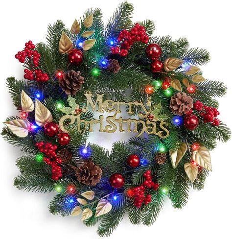 18 Inch Front Door Christmas Wreaths, Pre-Lit Christmas Wreath with 40 Colorful Lights, Artificial Xmas Wreath with Pine Cones, Ball, Berry Clusters, Perfect for Window Indoor Outdoor in Saudi Arabia