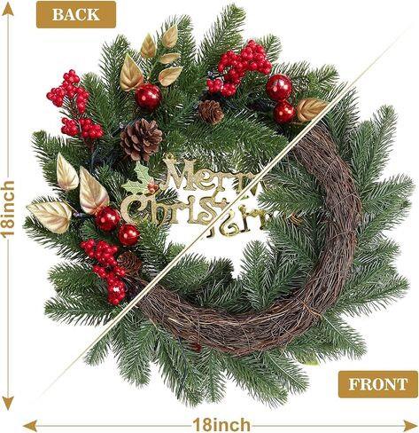 18 Inch Front Door Christmas Wreaths, Pre-Lit Christmas Wreath with 40 Colorful Lights, Artificial Xmas Wreath with Pine Cones, Ball, Berry Clusters, Perfect for Window Indoor Outdoor in Saudi Arabia