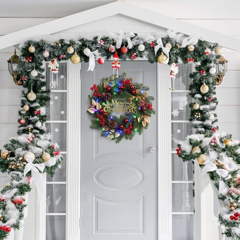 18 Inch Front Door Christmas Wreaths, Pre-Lit Christmas Wreath with 40 Colorful Lights, Artificial Xmas Wreath with Pine Cones, Ball, Berry Clusters, Perfect for Window Indoor Outdoor in Saudi Arabia