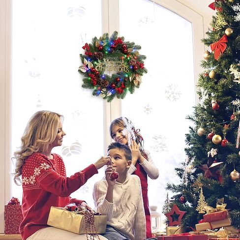 18 Inch Front Door Christmas Wreaths, Pre-Lit Christmas Wreath with 40 Colorful Lights, Artificial Xmas Wreath with Pine Cones, Ball, Berry Clusters, Perfect for Window Indoor Outdoor in Saudi Arabia
