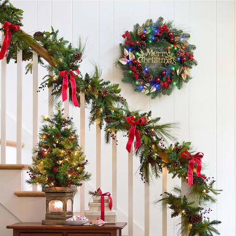 18 Inch Front Door Christmas Wreaths, Pre-Lit Christmas Wreath with 40 Colorful Lights, Artificial Xmas Wreath with Pine Cones, Ball, Berry Clusters, Perfect for Window Indoor Outdoor in Saudi Arabia