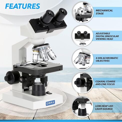 OMAX 40X-2000X LED Binocular Compound Lab Microscope w/ Double Layer Mechanical Stage + Blank Slides, Cover Slips, & Lens Cleaning Paper, M82ES-SC100-LP100 in Saudi Arabia