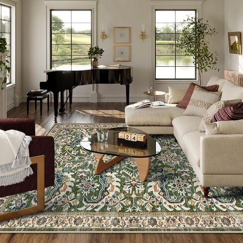 سجاد Lahome للمنطقة الخضراء قابل للغسل في غرفة المعيشة مقاس 6 × 9، سجاد غرفة عتيقة لغرفة النوم وغرفة الطعام، سجاد أرضية غير قابل للانزلاق لغرفة المعيشة وقسم النوم والمكتب (العشب الأخضر) in Kuwait