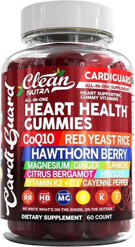 Coq10 Gummies | Red Yeast Rice Hawthorn Berry Ginger Turmeric Citrus Bergamot Hibiscus Vitamin K2+D3 Magnesium Glycinate Cayenne Pepper Fenugreek Orange Flavor CardiGuard by Clean Nutra in Kuwait