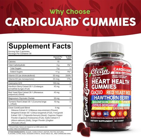 Coq10 Gummies | Red Yeast Rice Hawthorn Berry Ginger Turmeric Citrus Bergamot Hibiscus Vitamin K2+D3 Magnesium Glycinate Cayenne Pepper Fenugreek Orange Flavor CardiGuard by Clean Nutra in Kuwait