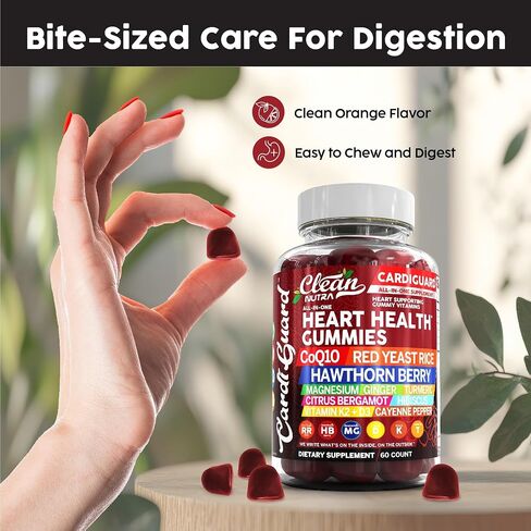 Coq10 Gummies | Red Yeast Rice Hawthorn Berry Ginger Turmeric Citrus Bergamot Hibiscus Vitamin K2+D3 Magnesium Glycinate Cayenne Pepper Fenugreek Orange Flavor CardiGuard by Clean Nutra in Kuwait