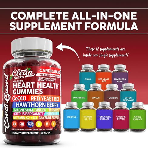 Coq10 Gummies | Red Yeast Rice Hawthorn Berry Ginger Turmeric Citrus Bergamot Hibiscus Vitamin K2+D3 Magnesium Glycinate Cayenne Pepper Fenugreek Orange Flavor CardiGuard by Clean Nutra in Kuwait