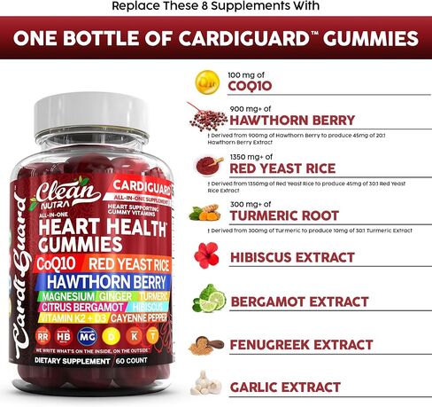 Coq10 Gummies | Red Yeast Rice Hawthorn Berry Ginger Turmeric Citrus Bergamot Hibiscus Vitamin K2+D3 Magnesium Glycinate Cayenne Pepper Fenugreek Orange Flavor CardiGuard by Clean Nutra in Kuwait