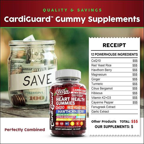 Coq10 Gummies | Red Yeast Rice Hawthorn Berry Ginger Turmeric Citrus Bergamot Hibiscus Vitamin K2+D3 Magnesium Glycinate Cayenne Pepper Fenugreek Orange Flavor CardiGuard by Clean Nutra in Kuwait