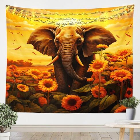 Wild Elephant Kids Tapestry,Sunflowers Sunset Romantic Wall Tapestries,Boys Men Room Decor,Wildlife Animals Rustic Nature Wall Hanging,Grey Yellow Retro Home Wall Decor,Small 51.2 x 59.1 Inches in Kuwait