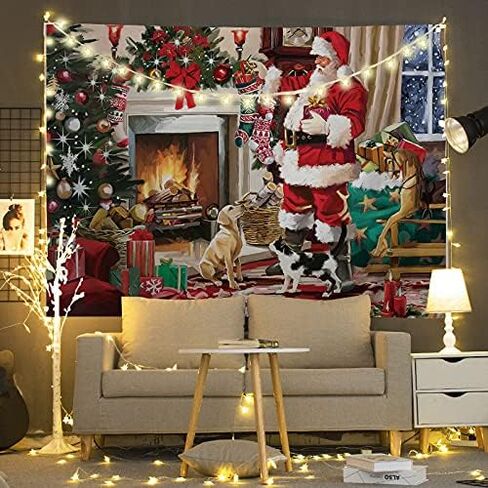 Christmas Santa Fireplace Tapestry Wall Hanging Tree with Stocking Decor Party Decorations Bedding Blanket Art Home for Bedroom Living Room Dorm 80x60 inch in Saudi Arabia