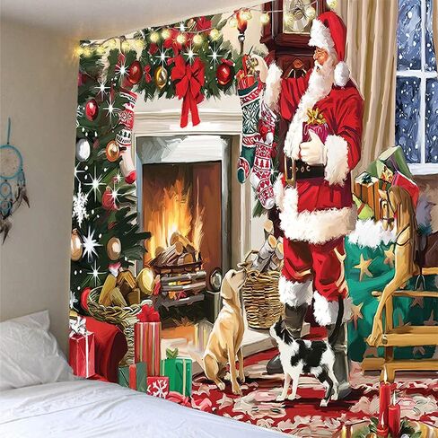 Christmas Santa Fireplace Tapestry Wall Hanging Tree with Stocking Decor Party Decorations Bedding Blanket Art Home for Bedroom Living Room Dorm 80x60 inch in Saudi Arabia