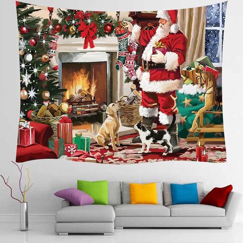 Christmas Santa Fireplace Tapestry Wall Hanging Tree with Stocking Decor Party Decorations Bedding Blanket Art Home for Bedroom Living Room Dorm 80x60 inch in Saudi Arabia