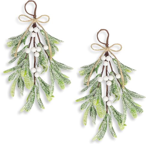 2 Pcs Christmas Artificial Mistletoe Ornament, 10.6'' Snowy Frosted Mistletoe Christmas Decoration with Berry Kissing Ball Mistletoe Hanging Decorations Spray for Winter Holiday Decor (2, Red) in Kuwait