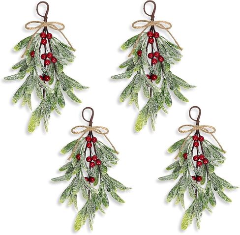 2 Pcs Christmas Artificial Mistletoe Ornament, 10.6'' Snowy Frosted Mistletoe Christmas Decoration with Berry Kissing Ball Mistletoe Hanging Decorations Spray for Winter Holiday Decor (2, Red) in Kuwait