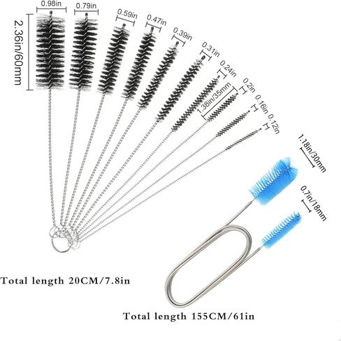 11 Pcs Long Straw Brush, Pipe Cleaners Brush,61Inch Stainless Steel Double-Ended Hose Brush 7.8Inch Nylon Long Tube Cleaning Brush for Home Kitchen Sink Plumbing in Kuwait