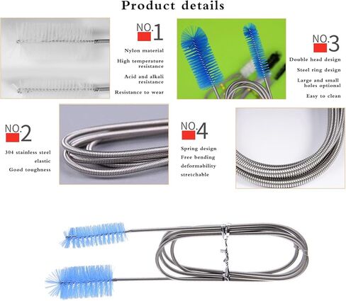 11 Pcs Long Straw Brush, Pipe Cleaners Brush,61Inch Stainless Steel Double-Ended Hose Brush 7.8Inch Nylon Long Tube Cleaning Brush for Home Kitchen Sink Plumbing in Kuwait