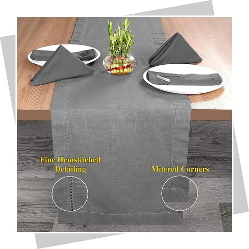 GFI Hand Made Ladder Lace Egyptian Slub Cotton Linen Table Runner - 16x108 - Charcoal, Premium Quality Runners for Christmas/New Year Home Decorations, Parties, Festive Gathering in Saudi Arabia