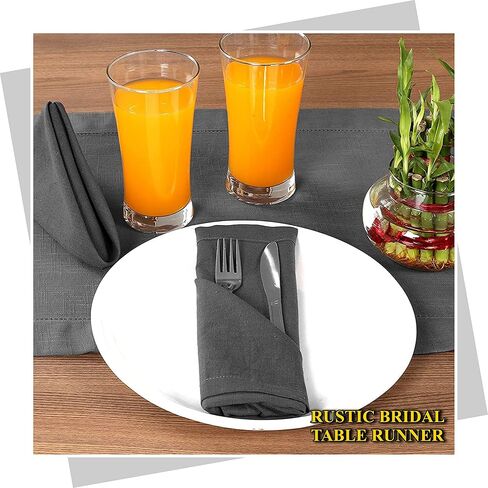 GFI Hand Made Ladder Lace Egyptian Slub Cotton Linen Table Runner - 16x108 - Charcoal, Premium Quality Runners for Christmas/New Year Home Decorations, Parties, Festive Gathering in Saudi Arabia