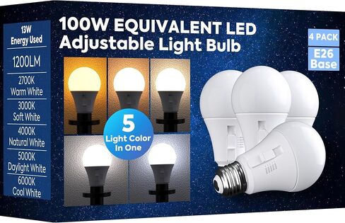 Adjustable Light Bulb, 100W Equivalent, 5CCT A19 LED Light Bulb, E26 Base, 2700K 3000K 4000K 5000K 6000K, 1200LM, 13W E26 Medium Base Standard Light Bulb for Bedroom, Living Room, 4 Pack in Saudi Arabia