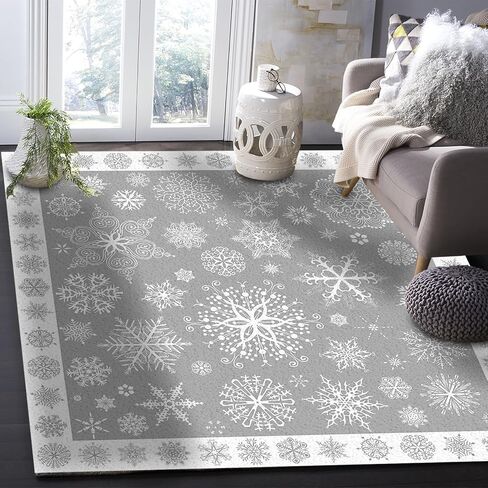Grey Snowflake Christmas Area Rug for Living Room, Rectangular Indoor Carpet - 2' x 3', Xmas Winter Snowflake Gray Non-Skid Bathroom Mat Kitchen Runner Rugs for Bedroom in Saudi Arabia