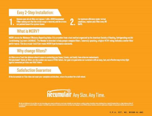 Accumulair Gold 12x22x1 (الحجم الفعلي) فلتر هواء/فلتر فرن MERV 8 (عبوتان) in Kuwait